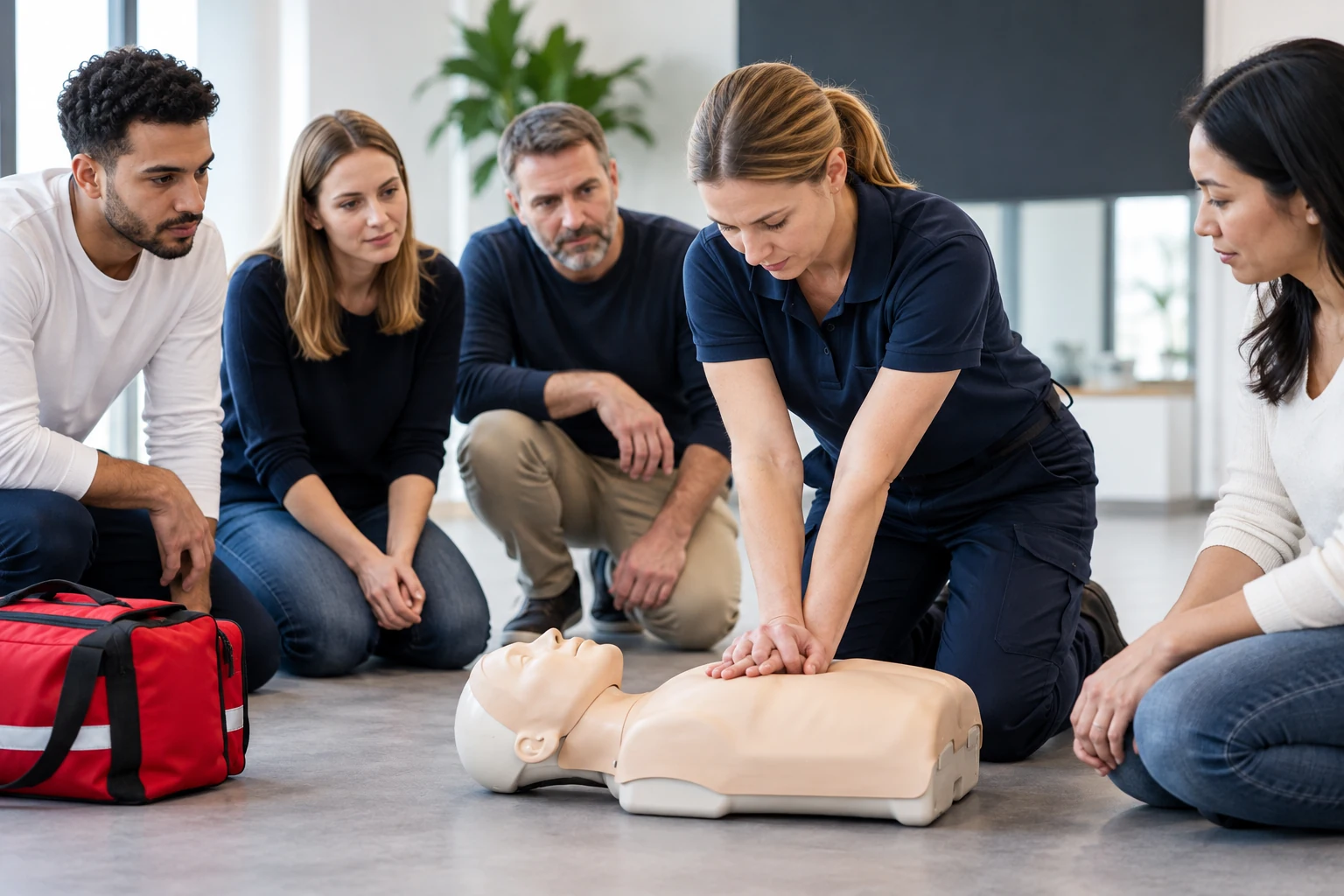 Betrieblicher Erste-Hilfe-Kurs mit Übung an einer Trainingspuppe